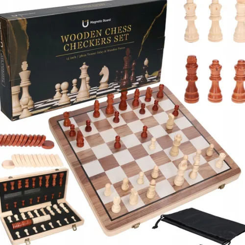 Gra logiczna, szachy drewniane, magnetyczne + warcaby 2w1