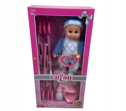 Lalka bobas z wózkiem spacerówką + akcesoria